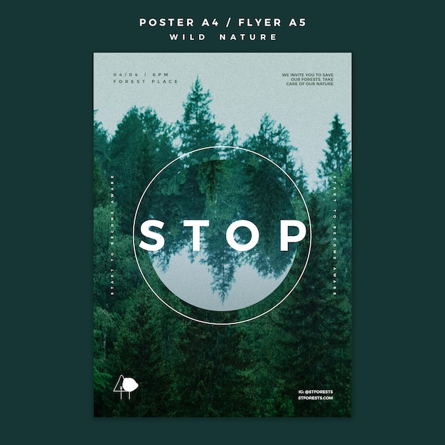PSD gratuito modello del manifesto per la natura selvaggia con la foresta