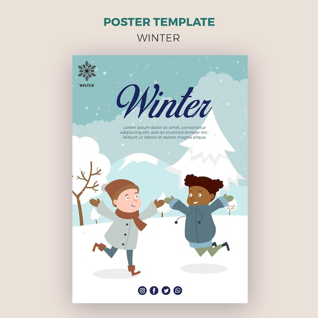 Free PSD poster template for winder with kids having fun