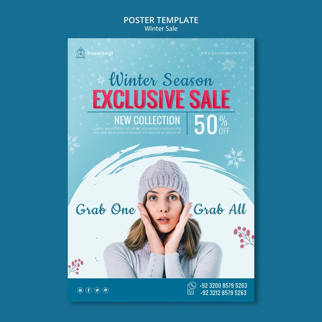 Poster template for winter sale with woman and snowflakes