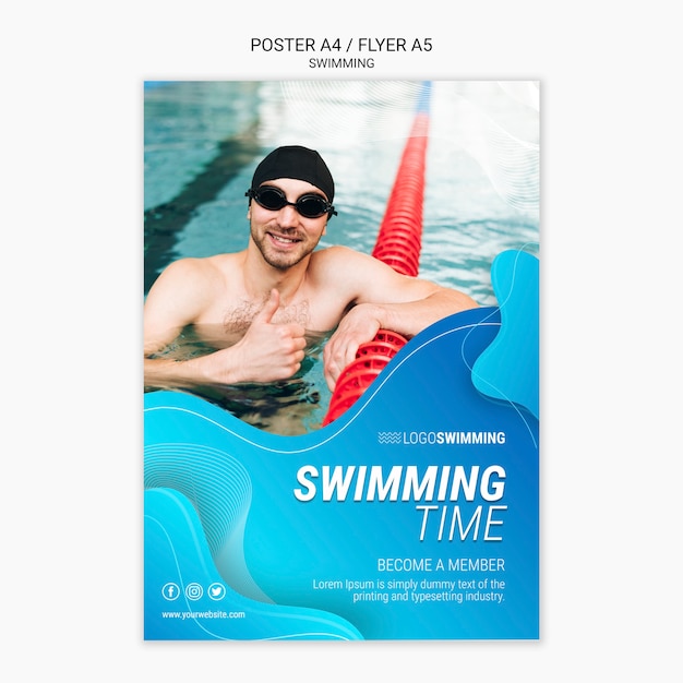 PSD gratuito modello di poster con design di nuoto