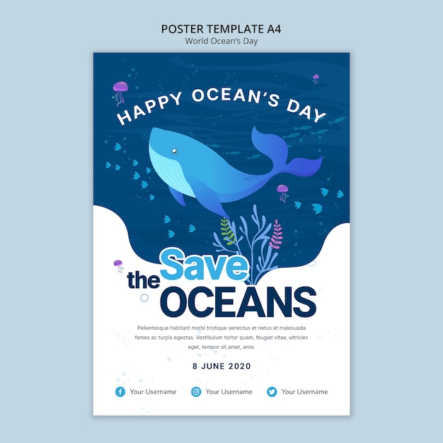 PSD gratuito modello del manifesto con la giornata mondiale dell'oceano