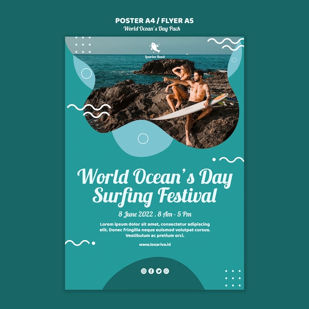 Бесплатный PSD Шаблон плаката с концепцией всемирного дня океанов