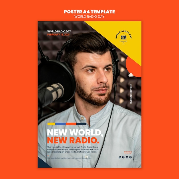 Modello di poster per la giornata mondiale della radio con emittente e microfono