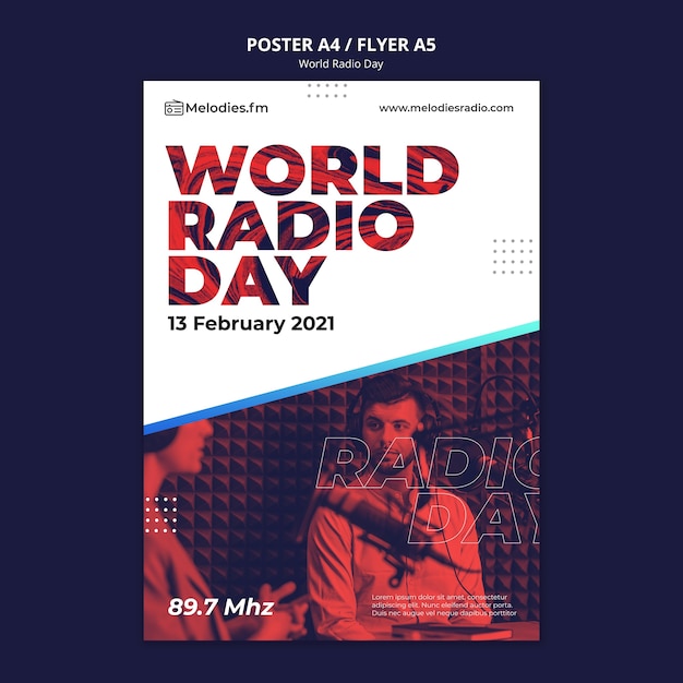 Free PSD poster template for world radio day with male broadcaster