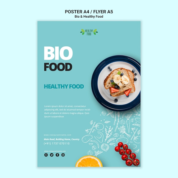 PSD gratuito poster con modello di cibo sano e bio