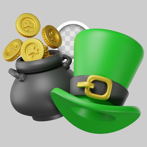 Free PSD pot of coins and st patricks hat 3d illustration