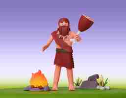 Free PSD prehistoric caveman character 3d composition