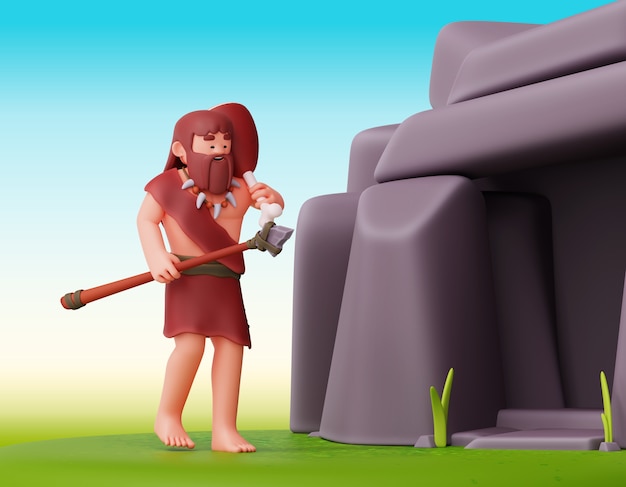 Free PSD prehistoric caveman character 3d composition