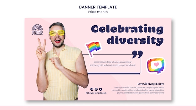 Free PSD pride month horizontal banner template with lgbt person