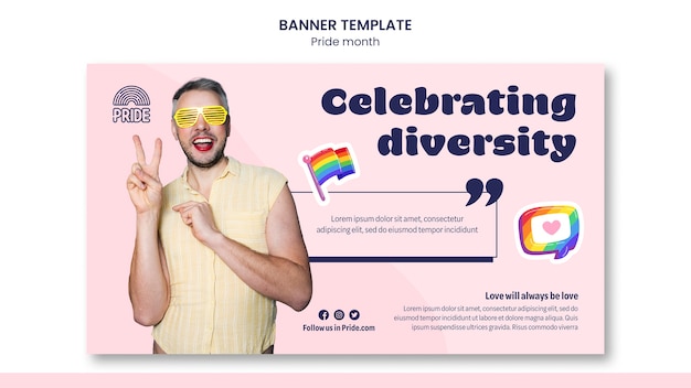 Modello di banner orizzontale del mese di orgoglio con persona lgbt