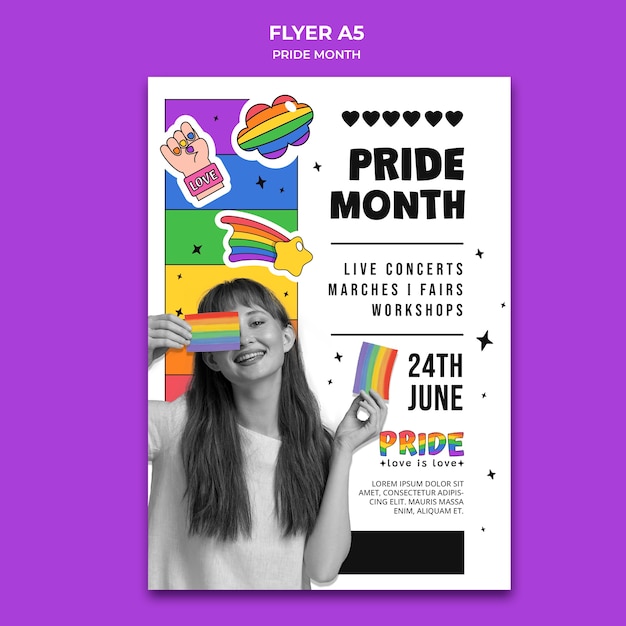 Free PSD pride month vertical flyer template with rainbow colors