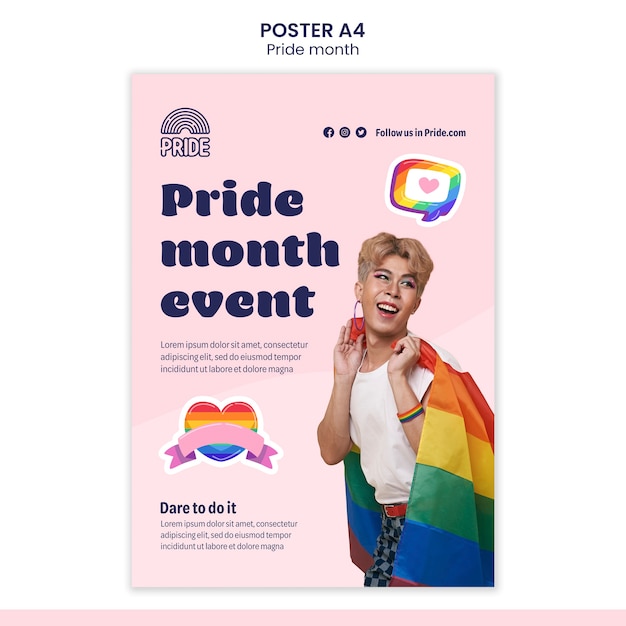 Free PSD pride month vertical poster template with lgbt person