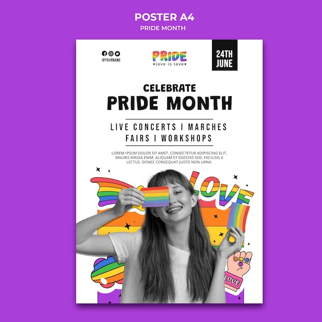 Free PSD pride month vertical poster template with rainbow colors