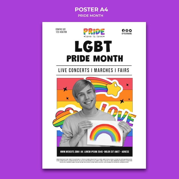 Modello di poster verticale del mese di orgoglio con i colori dell'arcobaleno