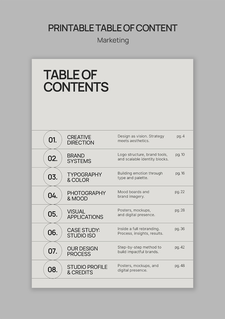 Free PSD printable table of contents for marketing template