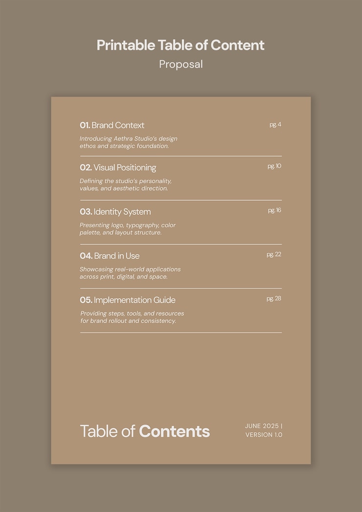 Free PSD printable table of contents proposal template