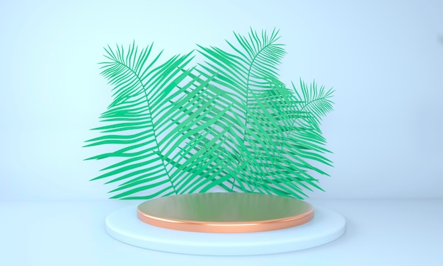 Product display podium decorated with leaves on pastel background, 3d illustration