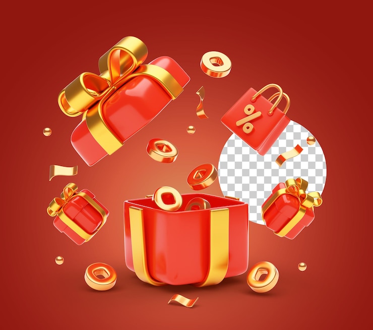 मुफ़्त PSD promotion sale with gift box and gold coins chinese new year concept 3d illustration background