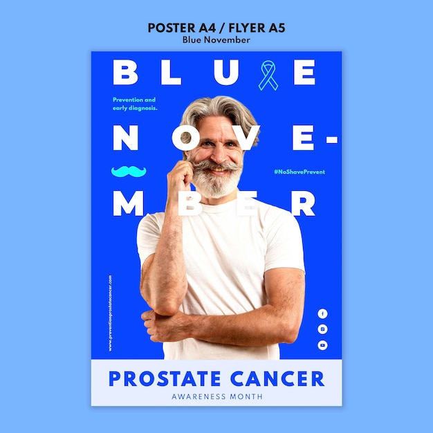 PSD gratuito modello di stampa per la consapevolezza del cancro alla prostata con dettagli blu