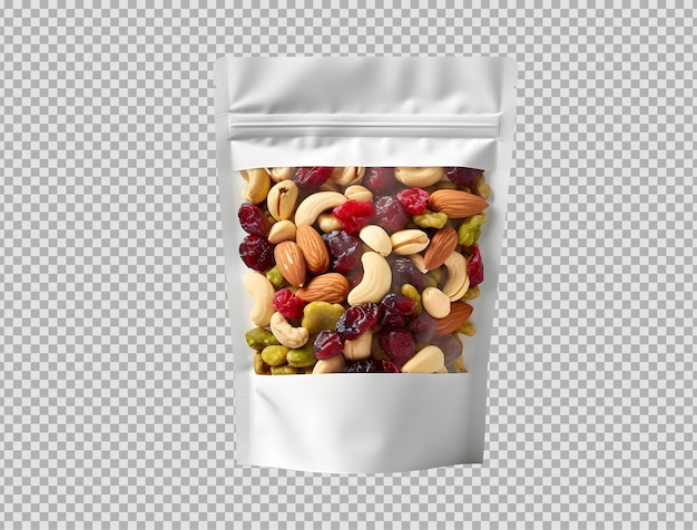 Free PSD psd glossy pouch with fruit amp nut mix isolated on background