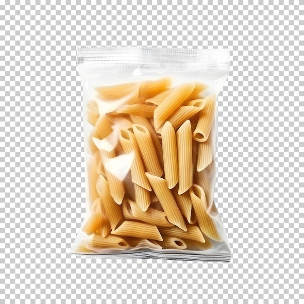 Psd isolated plastic transparent vacuum bag with penne pasta