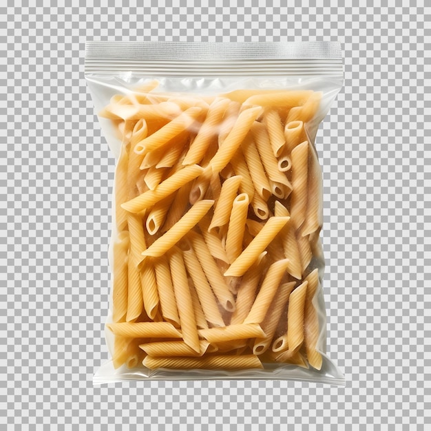 Psd isolated plastic transparent vacuum bag with penne pasta