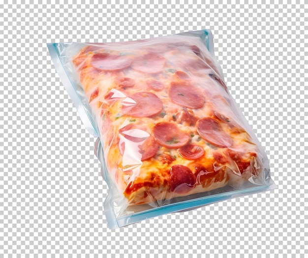 PSD gratuito psd sacchetto sottovuoto trasparente in plastica con pizza congelata isolato su sfondo