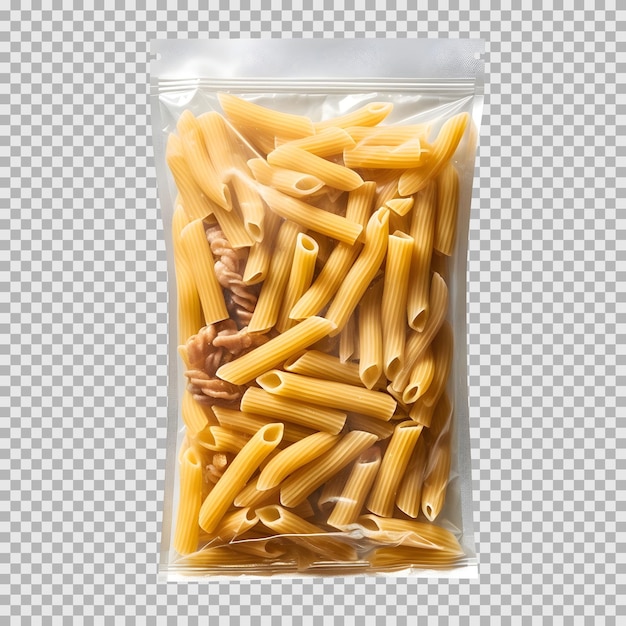 Psd plastic transparent vacuum bag with penne pasta isolated on background