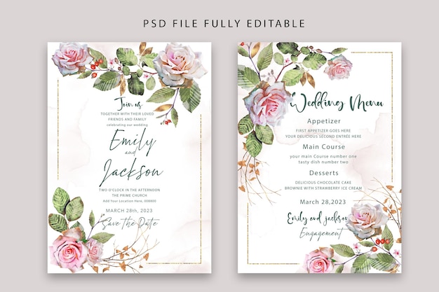 Psd watercolor elegant floral wedding invitation template