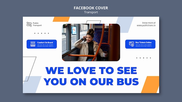 Public bus transportation social media cover template with geometric shapes