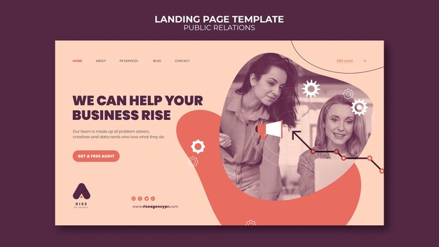 Public relations landing page template with photo