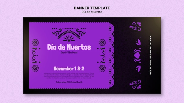 Modello di banner orizzontale viola dia de muertos