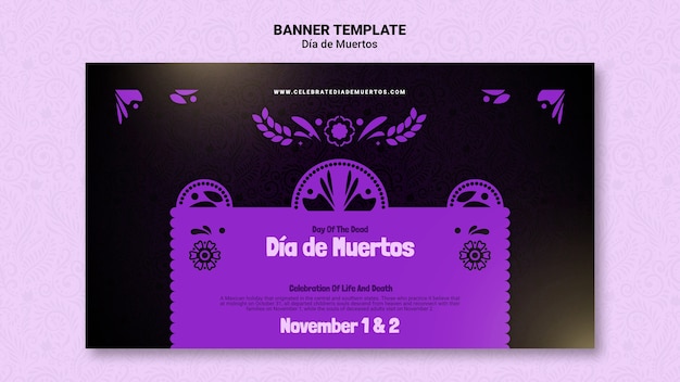 Purple dia de muertos horizontal banner template