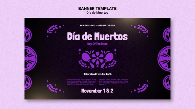 Фиолетовый шаблон горизонтального баннера dia de muertos