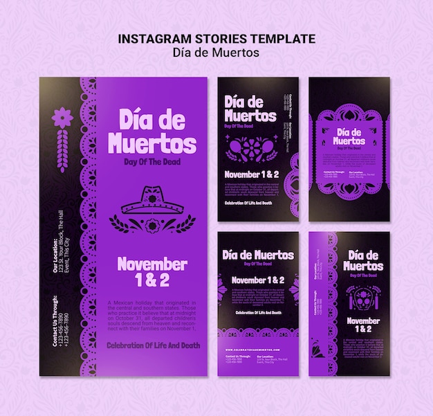 Purple dia de muertos social media stories pack