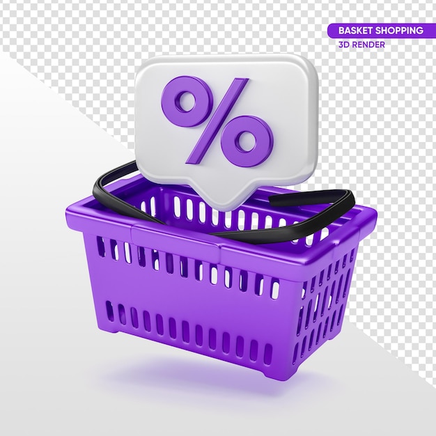 Free PSD purple supermarket basket with icon percent in 3d render with transparent background