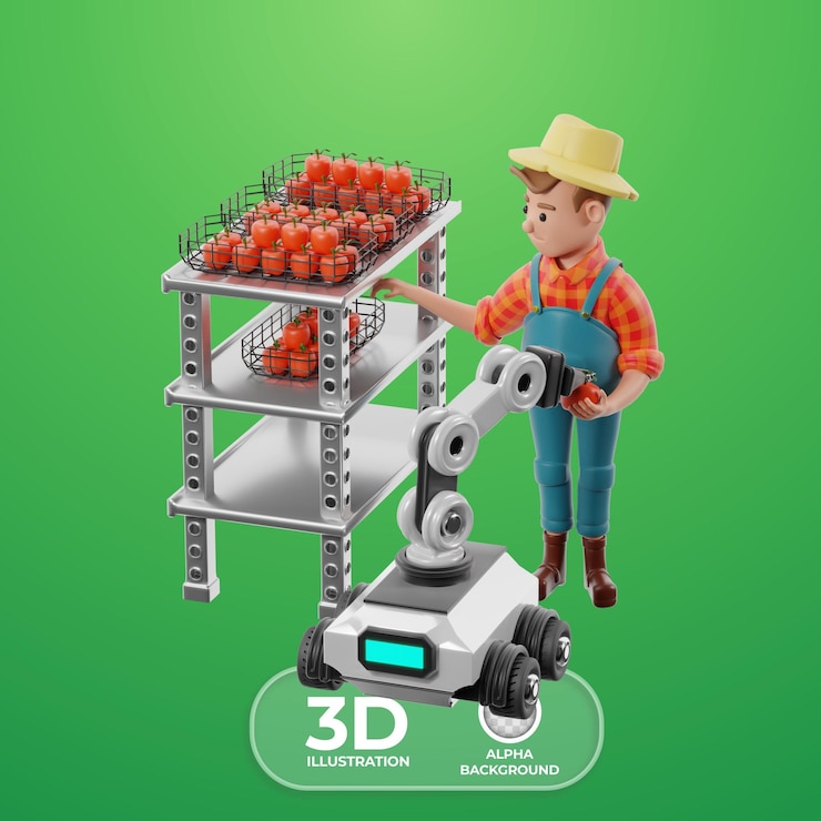 Free PSD quality control of automated harvesting by farmer 3d illustration