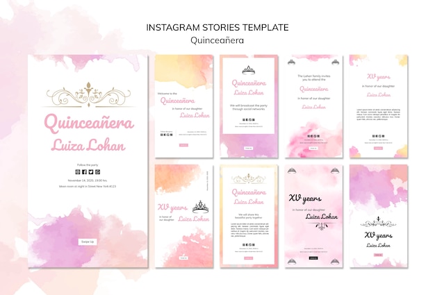 Набор шаблонов историй Instagram Quinceanera партии