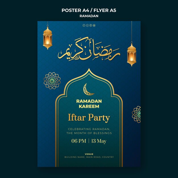 Шаблон плаката мероприятия рамадан с золотыми деталями