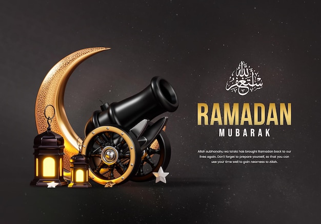 Free PSD ramadan kareem 3d banner template with arabic cannon and islamic decoration objects