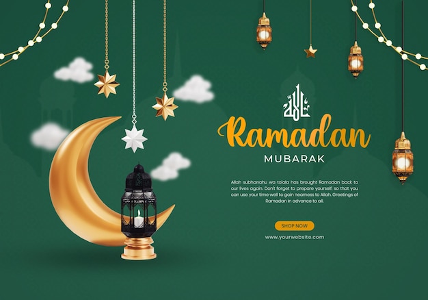 Ramadan kareem social post banner template with crescent moon and stars