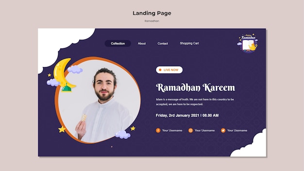 PSD gratuito modello di pagina di destinazione del ramadan con foto