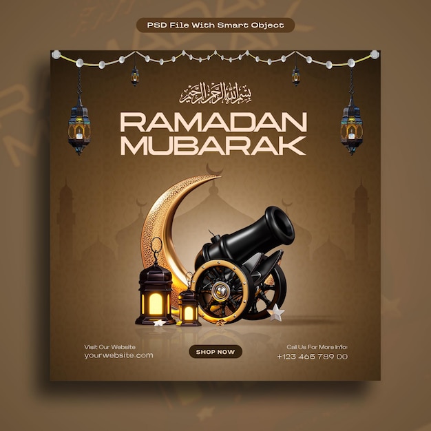 Template di post sui social media di ramadan mubarak con decorazioni islamiche