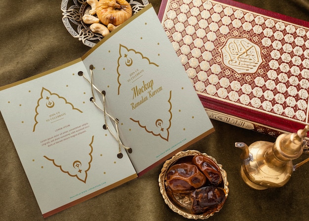 Ramadan print and books mockup top view