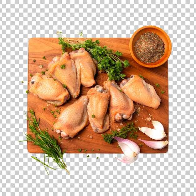 Carne di pollo cruda su una tavola di legno con foglie su uno sfondo trasparente