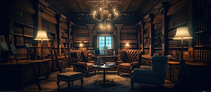 Free PSD reading room in old library or house generative ai
