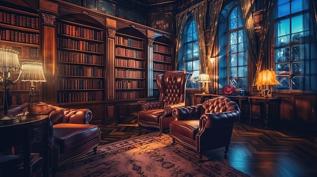 Sala lettura nella vecchia biblioteca o casa ia generativa