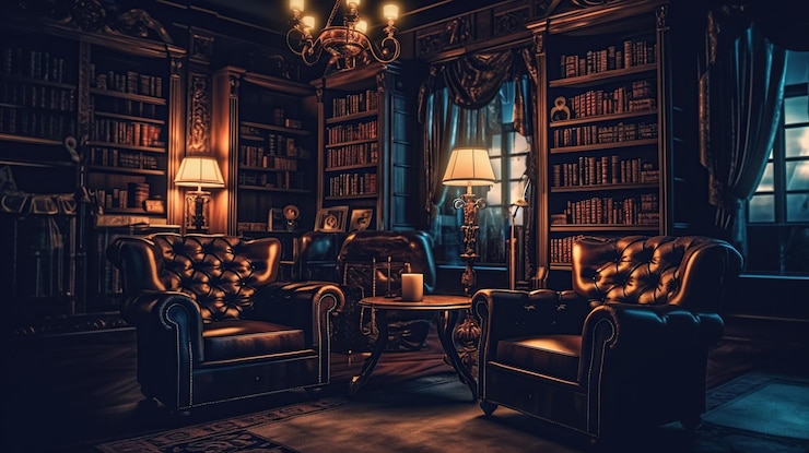 Free PSD reading room in old library or house generative ai