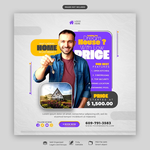 Real estate house property instagram post or social media banner template