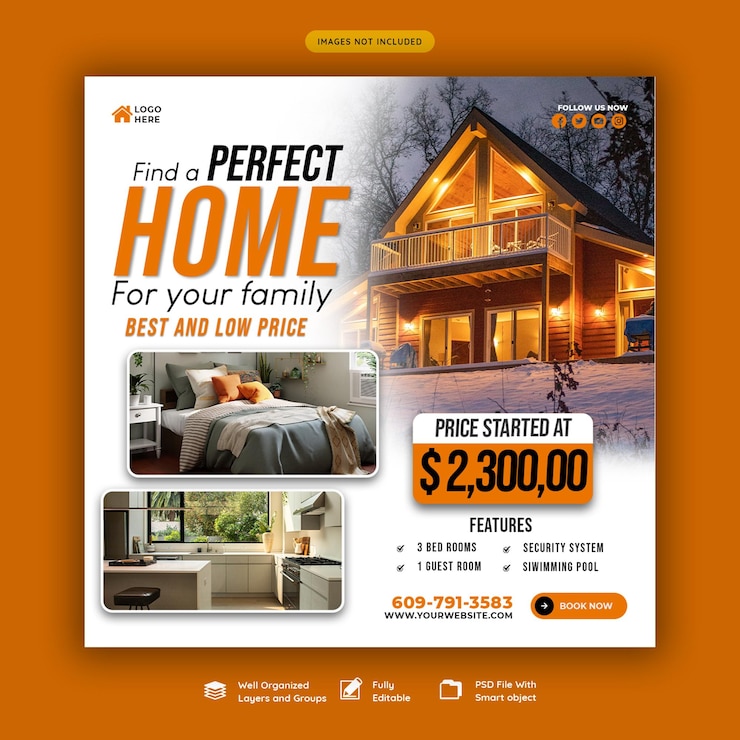 Free PSD real estate house property instagram post or social media banner template